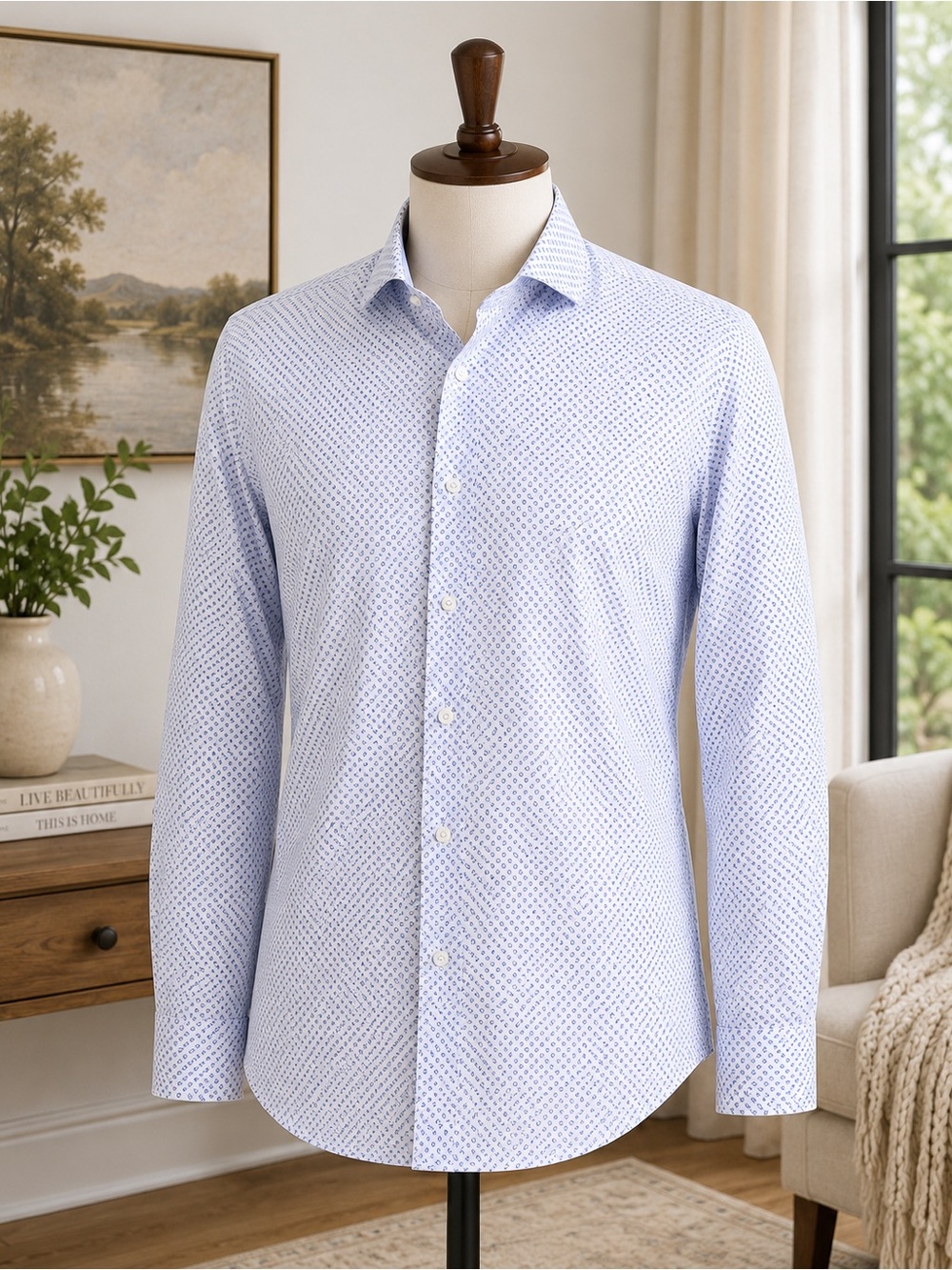 Charles Tyrwhitt Slim Fit Dress Shirt 17 33 White Blue Geometric 100% Cotton
